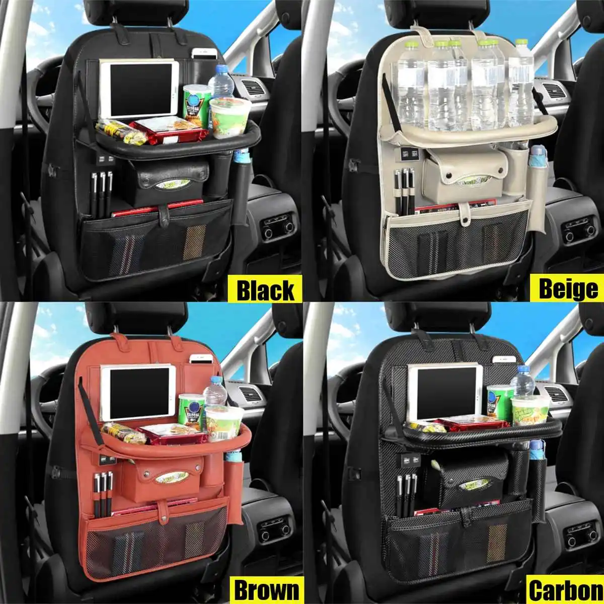 

Pu Leather Usb charge With Table Multi Pocket Car Seat Back Organizer Storage Container Hanging Box Multifunction Storage Bags