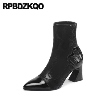 

ankle chunky shoes pointed toe big size high heel brand women winter boots genuine leather crossdresser stretch snakeskin snake