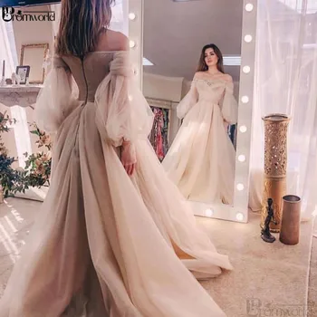 

Abendkleider Ivory Evening Gowns 2020 Organza Off the Shoulder Long Sleeves Formal Dress Robe De Soiree Abiye Prom Dresses