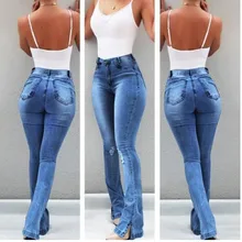 Women High Waist Ripped Flared Jeans Ladies Sexy Casual Wide Leg Jeans Trousers Elegant Vintage Bell Bottom Skinny Denim Pants