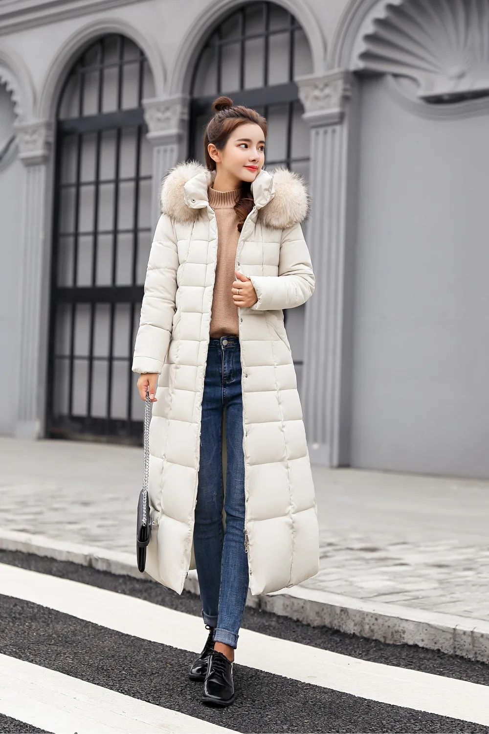 Женское длинное пуховое пальто с меховым воротником, Женское зимнее пуховое пальто с капюшоном, зимняя куртка больших размеров, женская пуховая парка