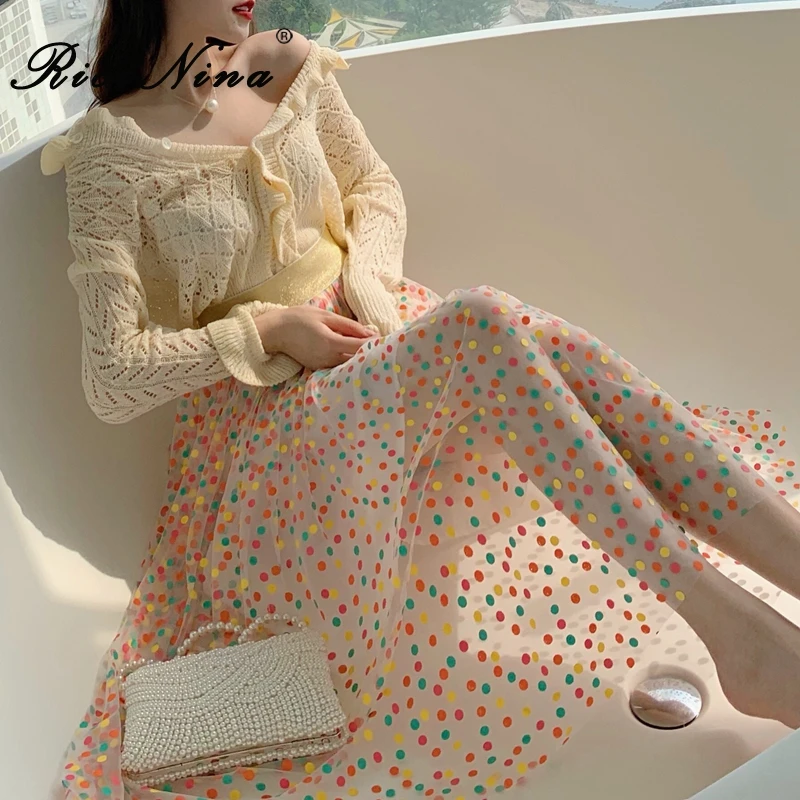 RICININA, Женская юбка миди, юбки для женщин, s, осенняя, макси юбка, бохо, в горошек, сетка, шифоновая юбка, высокая талия, модная, повседневная, Jupe Femme
