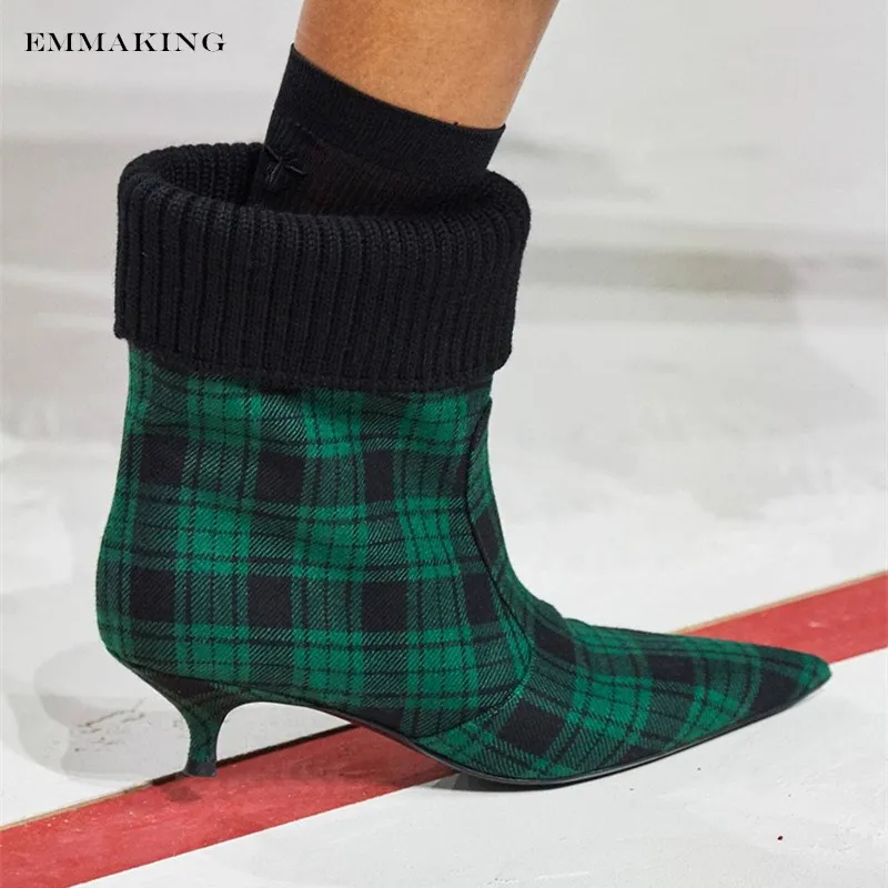 

EMMAKING Winter Women Check Textiles Ankle Boots Women Thin Low-Heeled Pointed Toe Boots Ladies Track Party short shoes Mujer