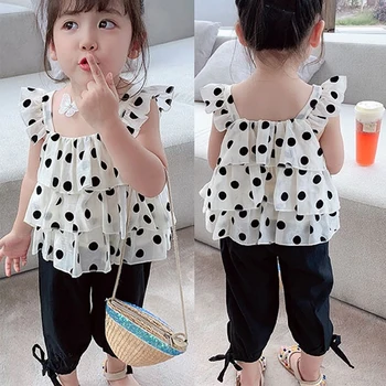 

Children Girls Cool Suit Clothing Sets Summer Sweet Girl Casual Polka Dot Vest + Solid Color Pants Clothing Suit