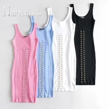 

2020 Knitting Drawstring Sleeveless Women Dress Bodycon Fashion Female Dresses