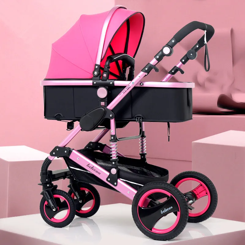 

Belecoo Lightweight Luxury Baby Stroller 3 in 1 Portable High Landscape Reversible Stroller Hot Mom Pink Stroller Travel Pram