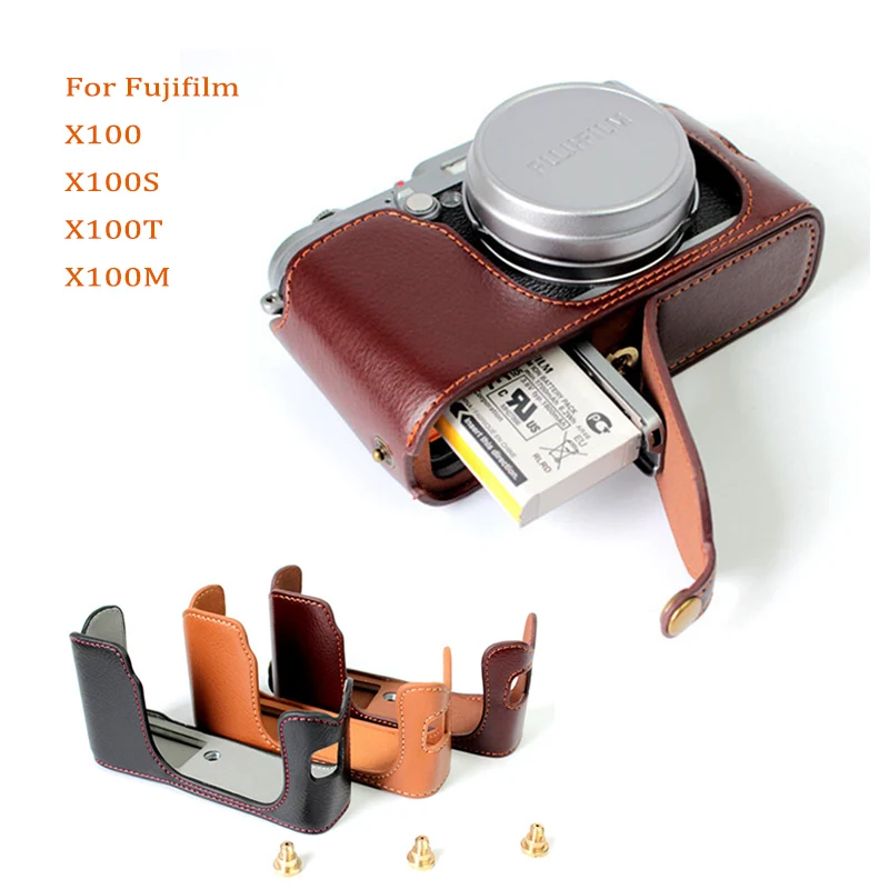 Del Cuoio Genuino Di Cassa Della Macchina Fotografica Del Sacchetto Della Copertura Per Fuji X100 X100S X100T X100M Half Shell Protector Con La Batter
