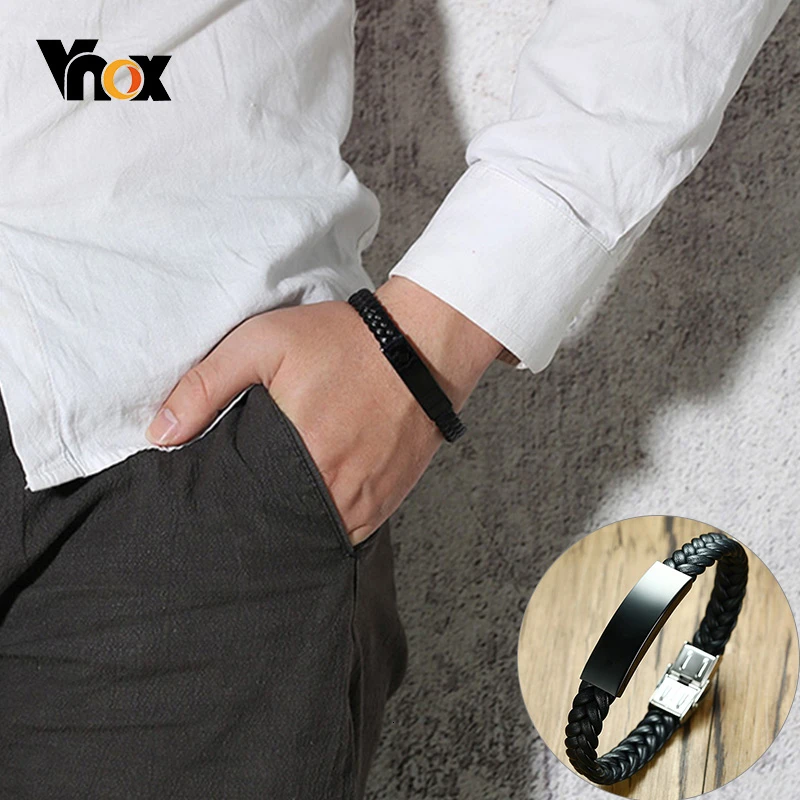Vnox мужской кожаный браслет с черным золотым нержавеющая сталь ID тег повседневные спортивные мужские ювелирные изделия