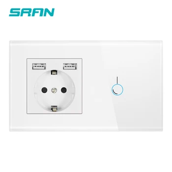 

SRAN Touch sensor switch with socket with usb crystal glass panel 146*86 220V 16A wall socket with light switch 1gang 1way