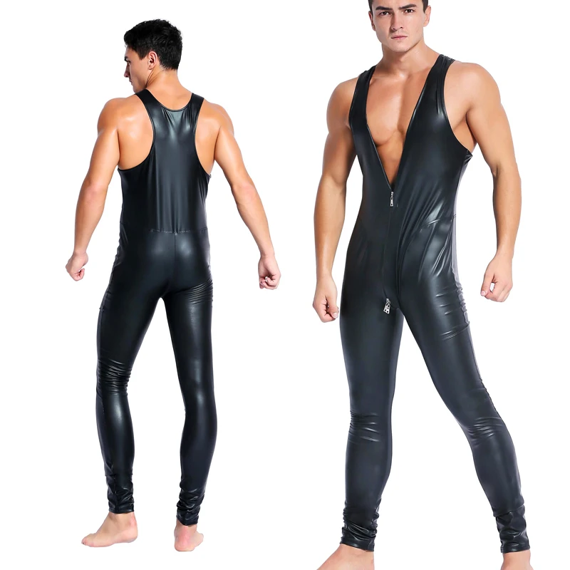 

sexy Men Jumpsuit Bar Performance Leather bodysuits Sexy Zipper Sleeveless Nightclub