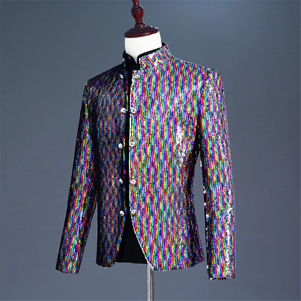 Men's Fashion Sequin Costumes Suit Jacket Stand Collar Nightclub Costumes Tops Blazers Single button For Men Stylish Suit 9.21