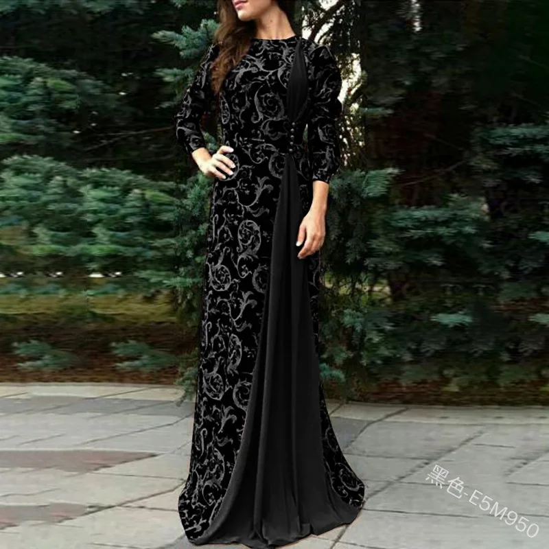 WEPBEL женское Повседневное платье с длинным рукавом и принтом, круглый вырез, осень, длина в пол, завышенная талия, модные платья а-силуэта