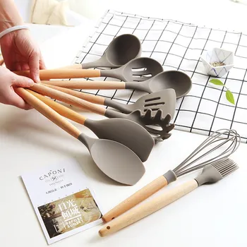 

ERMAKOVA Kitchen Cooking Utensils Set Wooden Silicone Kitchen Utensil Tool Kitchen Accessories Gadgets Scraper Ladle Whisk Brush