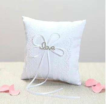 

20* 20CM Satin Lace Pure White Color Wedding Ring Pillow with Love Rhinestone and Ribbons