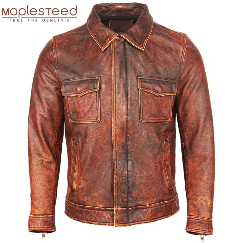 

Men Leather Jacket Vintage Distressed Red Brown 100% Natural Cowhide Skin Coat Genuine Leather Jacket Male Winter Clothing M453