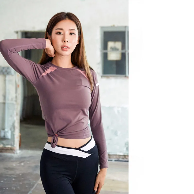 women's yoga sports shirt yoga top fitness shirt long sleeve quick dry fit gym crop top workout tight t-shirts women clothing - Цвет: Фиолетовый