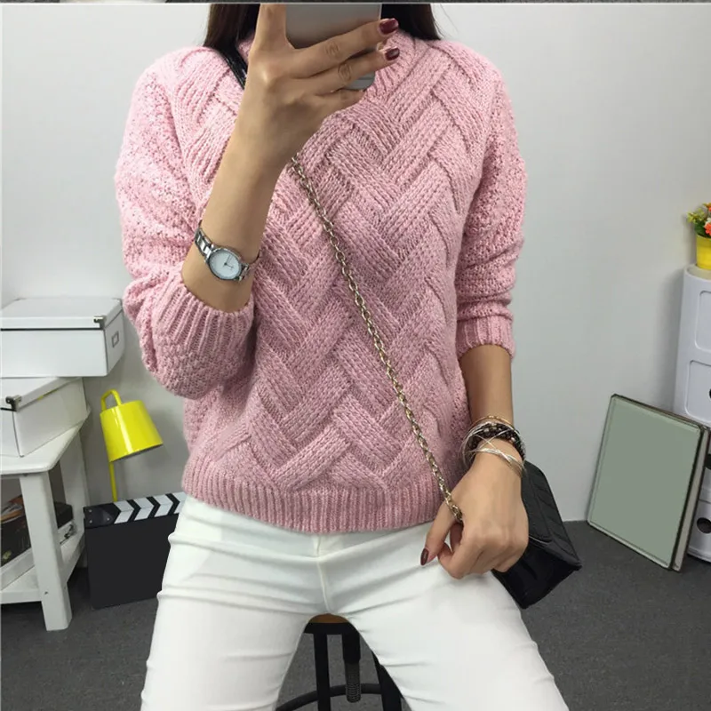 Winter O-neck Women's Sweater Jersey Woman Mohair Knitted Twisted Thick Warm Lady's Pullover 2020 College Jumper Women Pink Gray