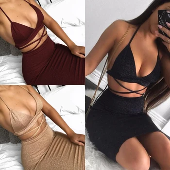 

Women 2 Piece Ladies Bodycon Two Piece Crop Top and Skirt Set Lace Up Dress USA