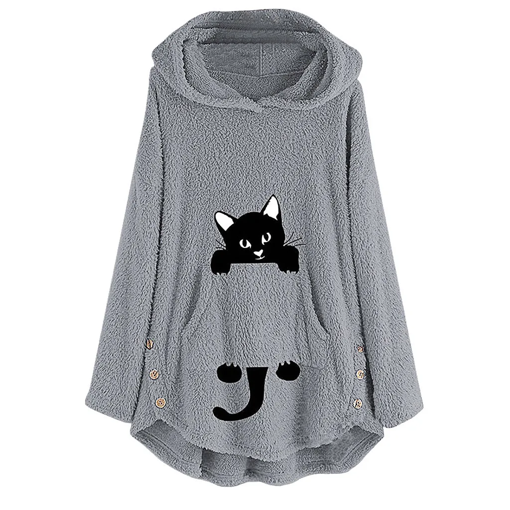 Womens Winter Plush Coat Fleece Cat Embroidery Warm Hoodie Top Plus Size Button Lady Pocket Outwear Long Pullover Womens Warm - Цвет: Gray
