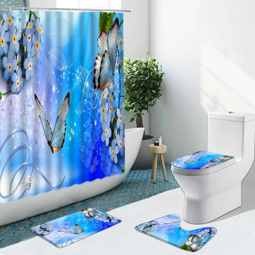 Sunflower Bird Bath Mat Toilet Cover Rugs Shower Curtain Bathroom Art Decor 