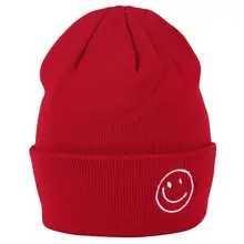 Женские зимние шапки с вышивкой смайлик вязаные шапочки мужские Skullies короткие теплые осенние хлопковые однотонные мягкие уличная шляпа Повседневная