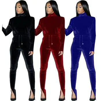 

Two Piece Set Top and Pants Sexy Solid Color Turtleneck Gold Velvet Long Sleeve Pleuche Ankle Slit Women Clothes 2 Piece Set