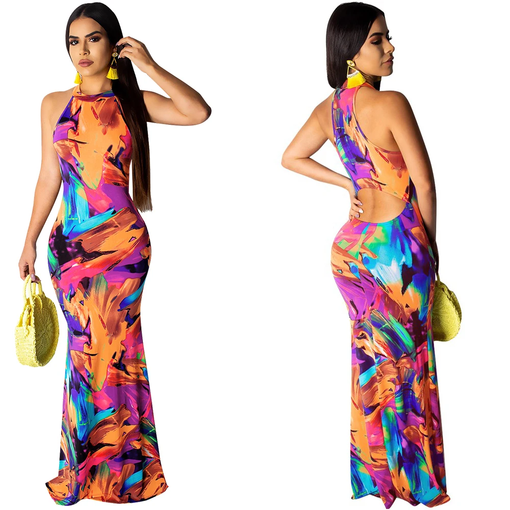 Elegant Women Boho Floral Print Halter Summer Beach Long Dress Sexy Backless Hollow Out Evening Party Dresses Female sundress