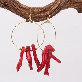 

Women Handmade Natural Red Coral Branch Bamboo Dangle Hoop Earring,Big Circle Copper Coral Pendant Loop Earring Gift ZJCP-05AMF