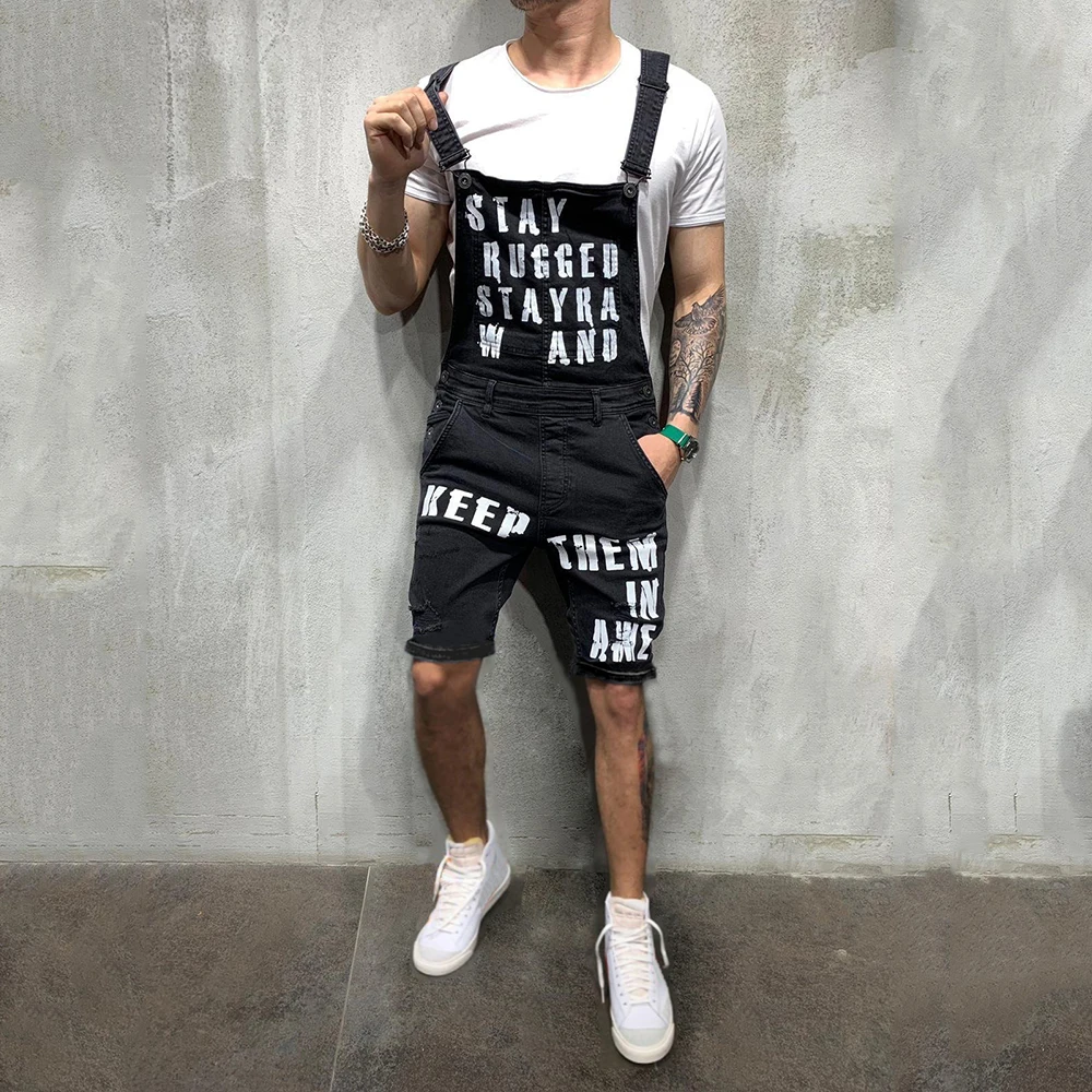 Men Denim Pants Mid Waist Letter Print Bib Pants Man Straight Knee Length Jeans Overalls Ripped Male Denim Jumpsuits Jeans D40