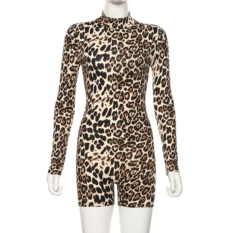 ANJAMANOR Cheetah Print Sexy Rompers Playsuit Fall Clothes for Women Clubwear High Neck Long Sleeve Bodycon Jumpsuit D83-I62