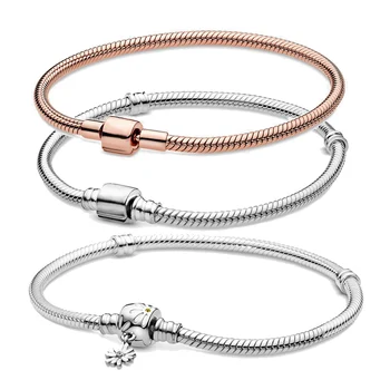 

Newest S925 Sterling Silver Fit Original Moments Daisy Flower Snake Chain Bracelet Bangles DIY Bead Charm Jewelry Gifts