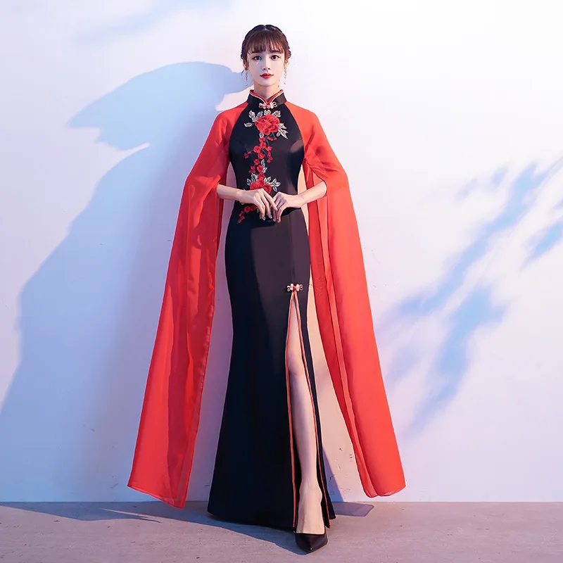 Новинка плащ рукава Улучшенный Женский Cheongsam винтажный сценический костюм китайское платье тонкое традиционное платье с цветочным принтом Qipao Vestidos