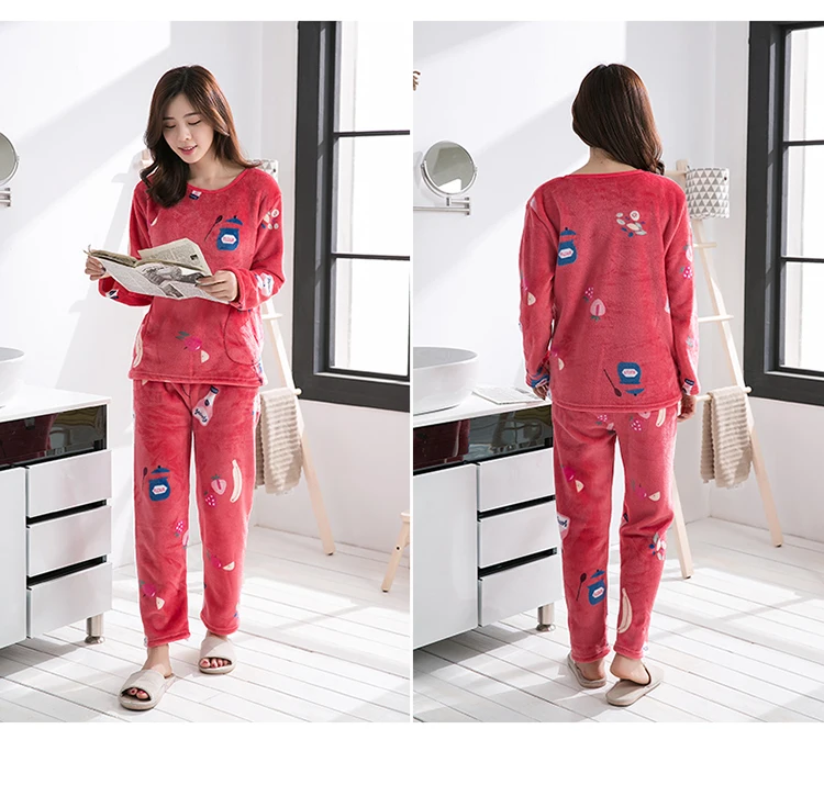 Милые плотные теплые фланелевые пижамные комплекты с рисунком для девочек; коллекция года; зимняя бархатная Пижама кораллового цвета с длинными рукавами; одежда для сна; домашняя одежда