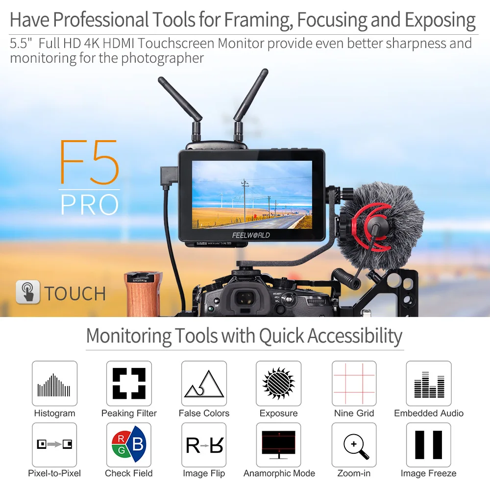 Feelworld F5プロV2 インチデジタル一眼レフカメラフィールドモニター3D lutタッチスクリーンips 4 hdmi-用互換ワイヤレス伝送