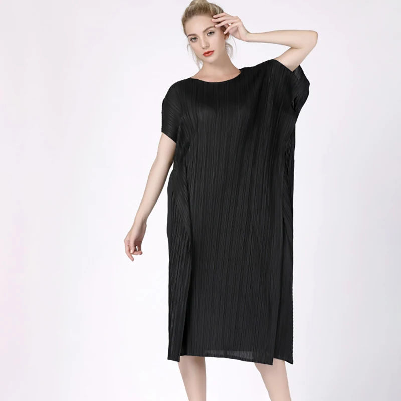 

DEAT 2019 New Summer Fashion Women Pleated Clothes Thin Round Neck Mesh Batwing Sleeves Loose Pullover Dresses WF78201