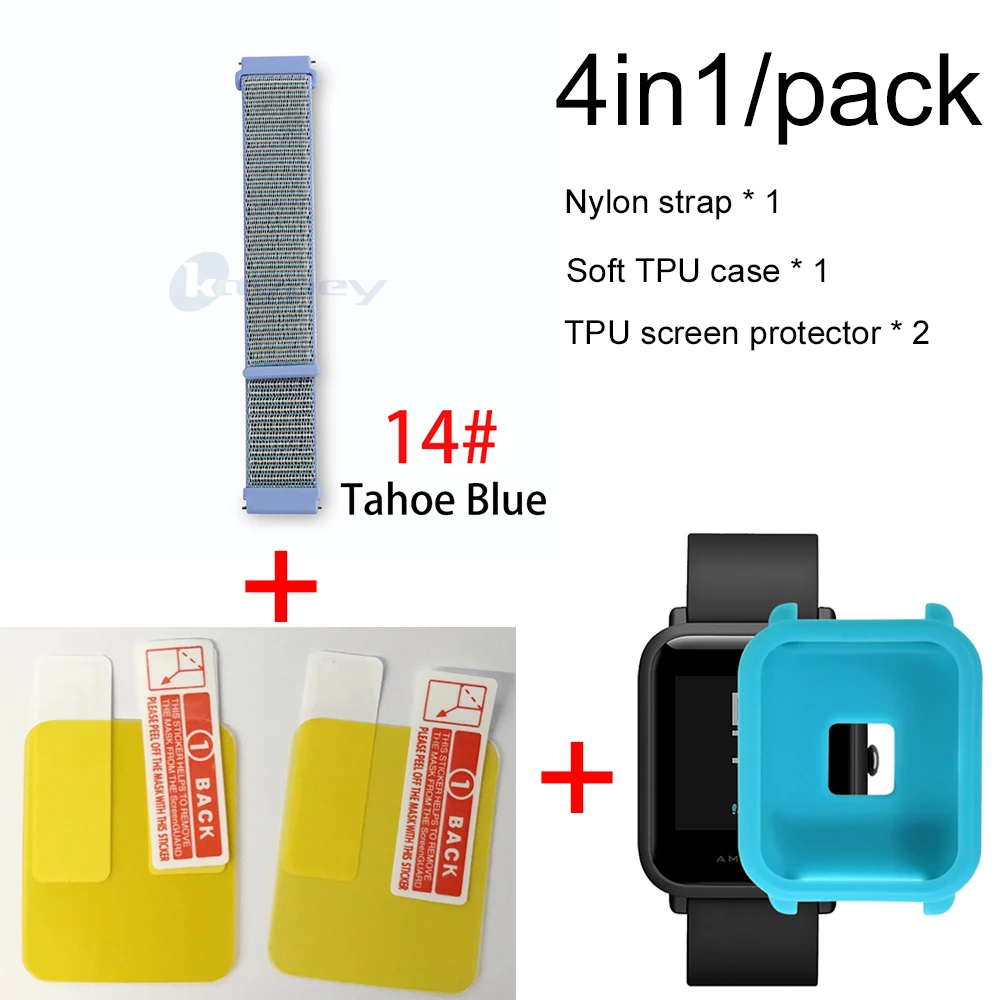 14-Blue case 4в1/упаковка нейлоновый ремешок для Xiaomi Huami Amazfit Bip BIT Youth Watch ремешок на запястье браслет Резина Amazfit bip мягкий чехол - Цвет: 14-Blue case