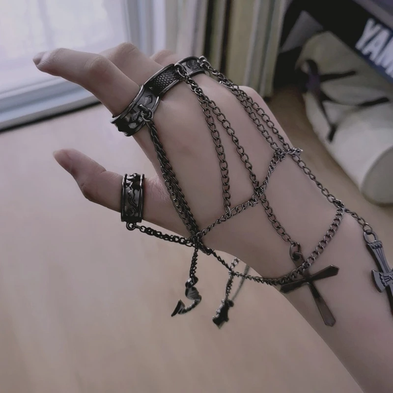 

Hunter x Hunter Kurapika Cosplay Metal Ring Bracelet Punk Hip Hop Vintage Cross Finger Chain Pendant For Women Men