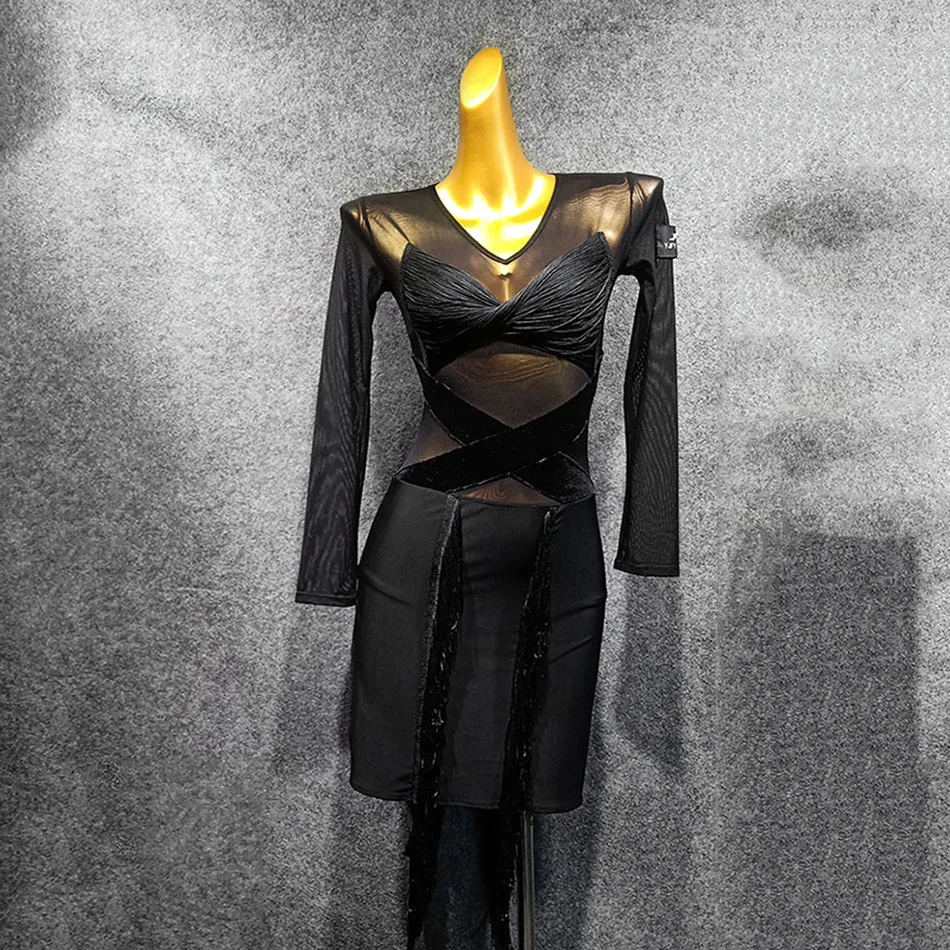 

2020 New Black Long Sleeve Latin Dance Dress Dancing Performance Women Dress Ballroom Samba Tango LW451