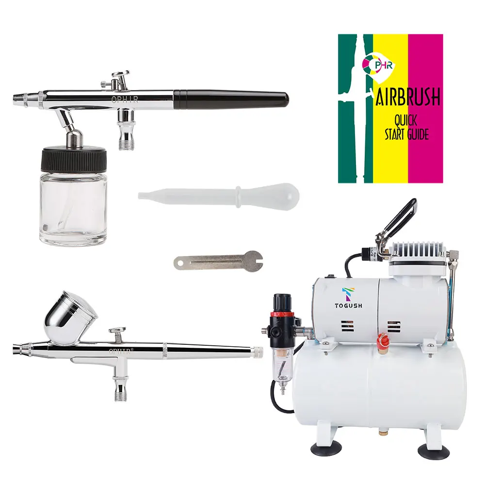 OPHIR 2x Dual-Action Airbrush Kit 0.3mm 0.35mm Spray Gun & Air Tank Compressor for Cake Decoration Model Painting AC134+004A+072 ophir down pot dual action airbrush kit 0 35mm nozzle airbrushing for nail cake decorating model painting spray gun ac072