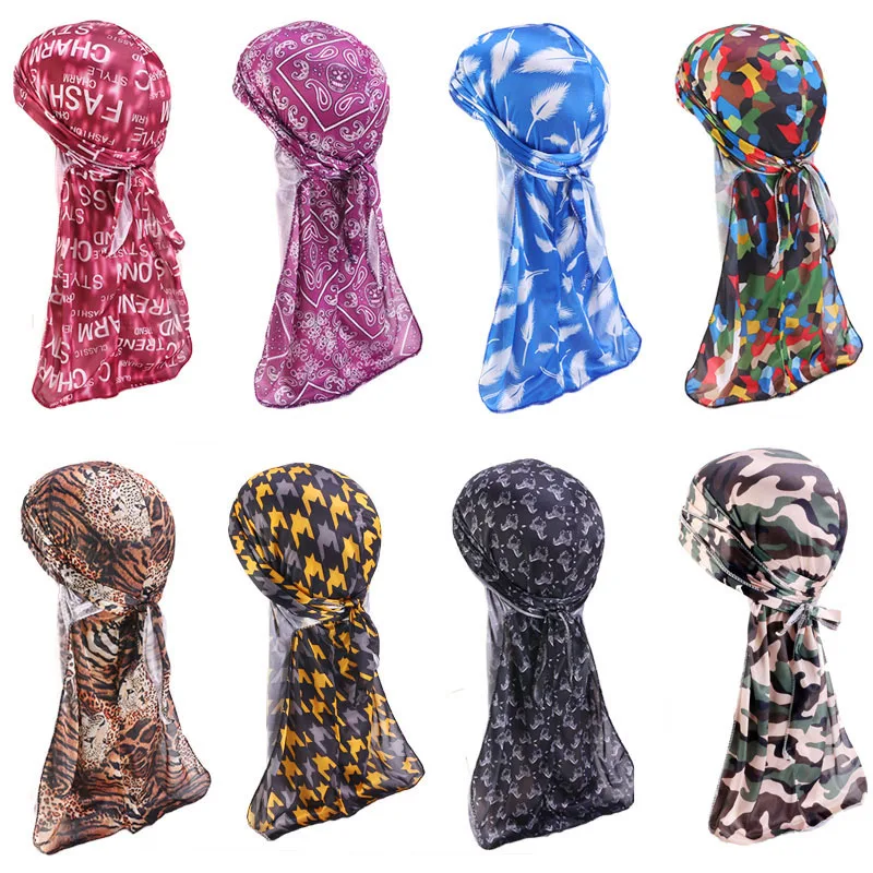 

Autumn New Elastic Long Tail Hat Men Silky Print Durags Women Headwrap Polyester Turban Bandanas Colorful Hair Accessories