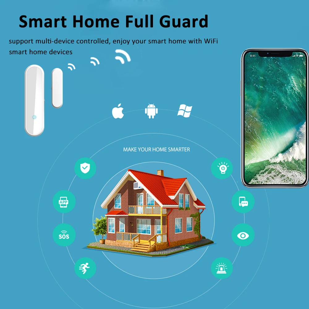 Умный беспроводной датчик двери и окна AVATTO Tuya детектор Wi Fi совместимый с Alex Google Home