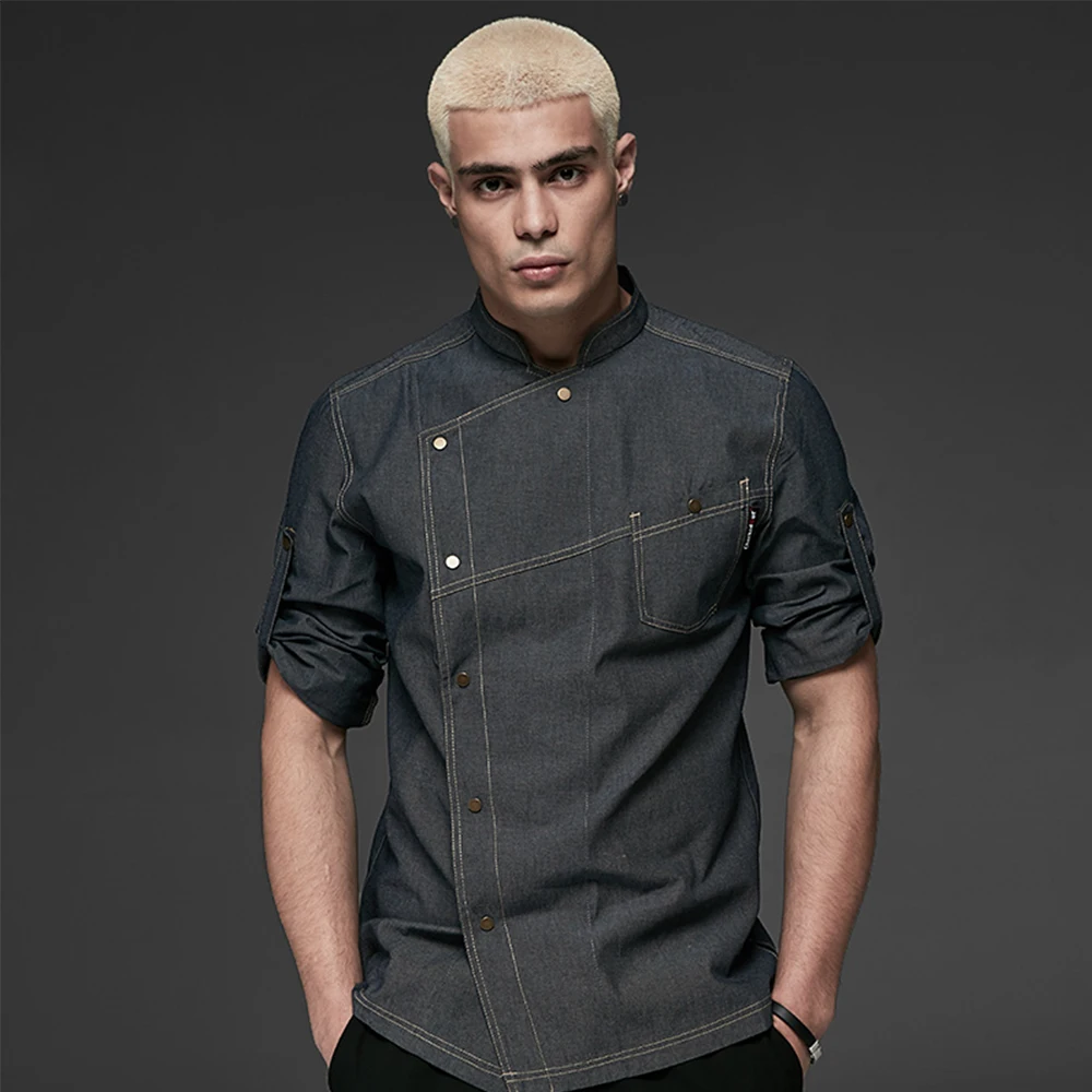 new Denim Fabric Chef Jackets restaurant uniforms shirts long sleeves restaurant uniform chef clothes hotel uniform chef coat