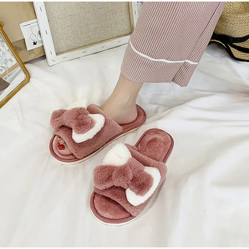 MCCKLE/зимняя обувь; женские домашние тапочки с милым бантом; теплые женские плюшевые туфли на плоской подошве с открытым носком; женская домашняя обувь; женская обувь для спальни