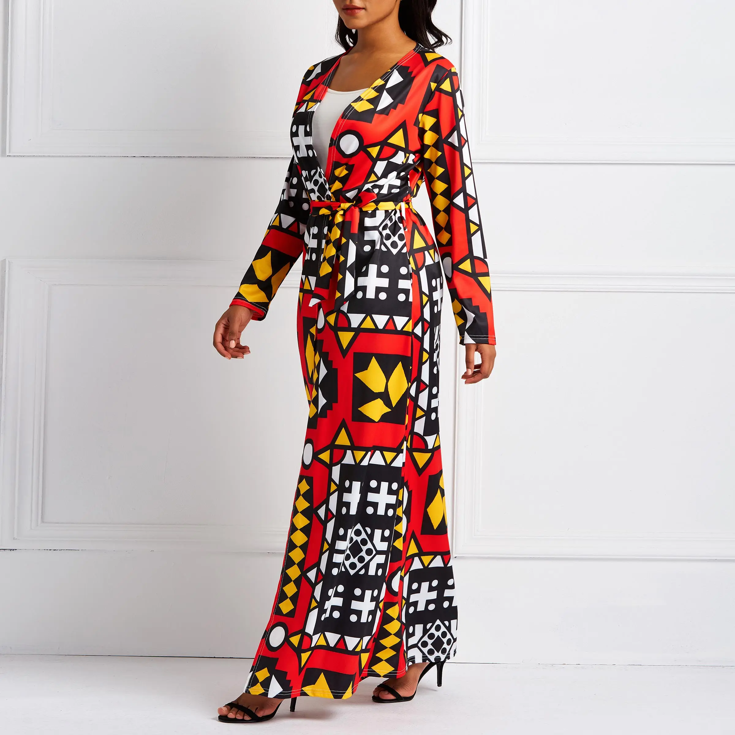Длинное пальто с этническим принтом в африканском стиле, Женское пальто, осенняя верхняя одежда красного размера плюс, женская одежда на шнуровке, бохо, больше размера d, тренчи