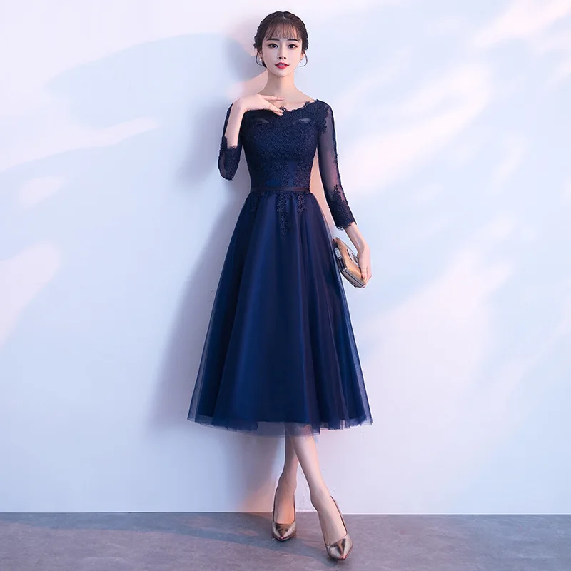 Navy Blue B Классическое платье Чонсам для подружки невесты, длинное свадебное платье с кружевными цветами, тонкое платье цвета шампанского, Qipao, вечернее платье - Цвет: Navy Blue B