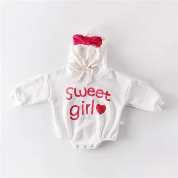 

Newborn Autumn Winter Romper Cute Bow Hooded Baby Girl Clothes Jumpsuit Thick Cotton Printing Onesie Baby Romper Infant Clothing