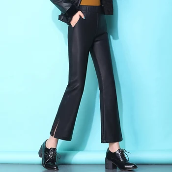 

PU Leather Pants Women Autumn Winter Elastic Band High Waist Side Slit Micro Flared Pants Ladies Black Trousers