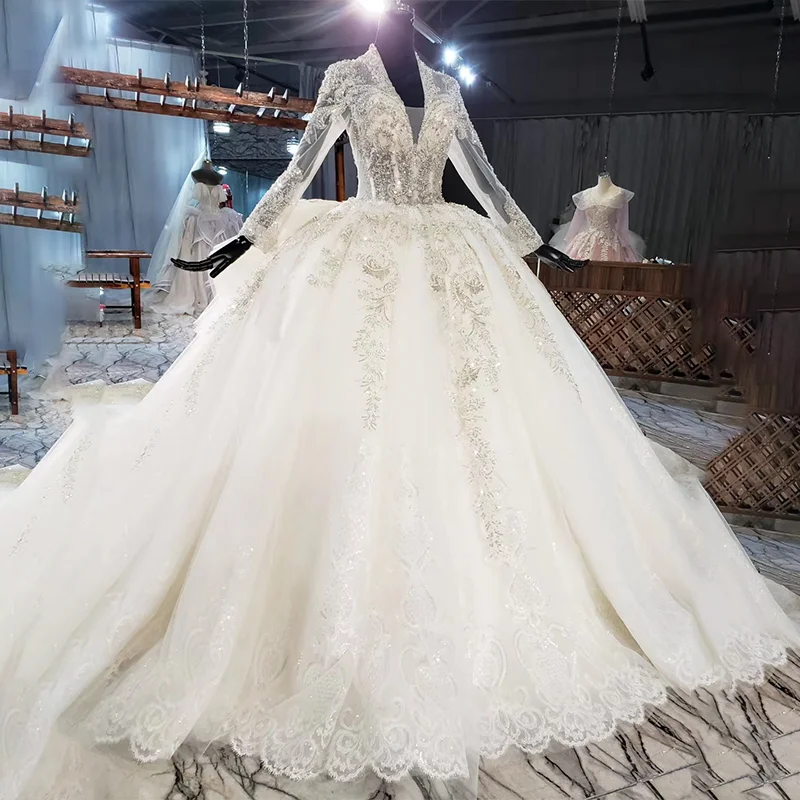 HTL1880 Luxurious And Beautiful Sequined Beading Wedding Dress 2020 Long Sleeve Applique Ball Gowns Crystal Deep V-Neck 3