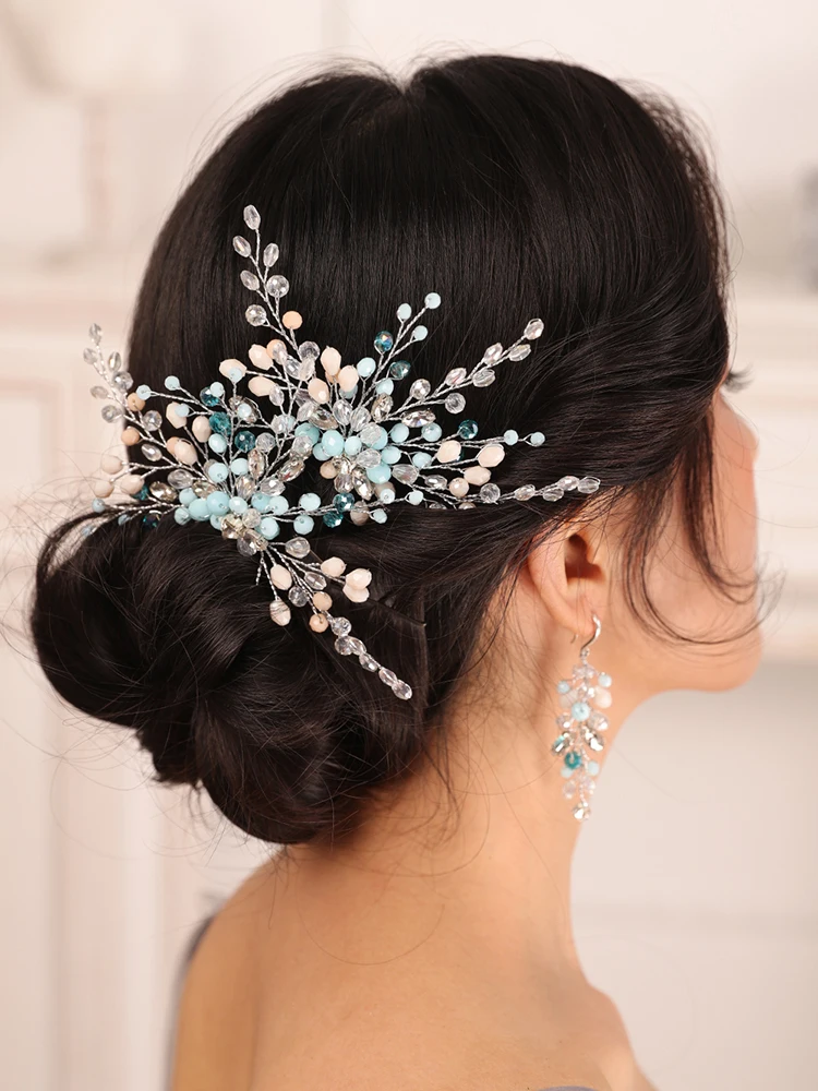 Bohe Wedding Hair Accessories Set Blue Rhinestone Crystal Bride Hair Pin and Earrings Women Ornaments Bridal Headwear