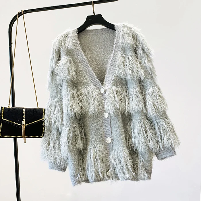

Cardigan Women Autumn Korean Style V-collar Loose Medium-long Fringed Knitted Cardigan Sweater Jacket Trend Jersey Mujer